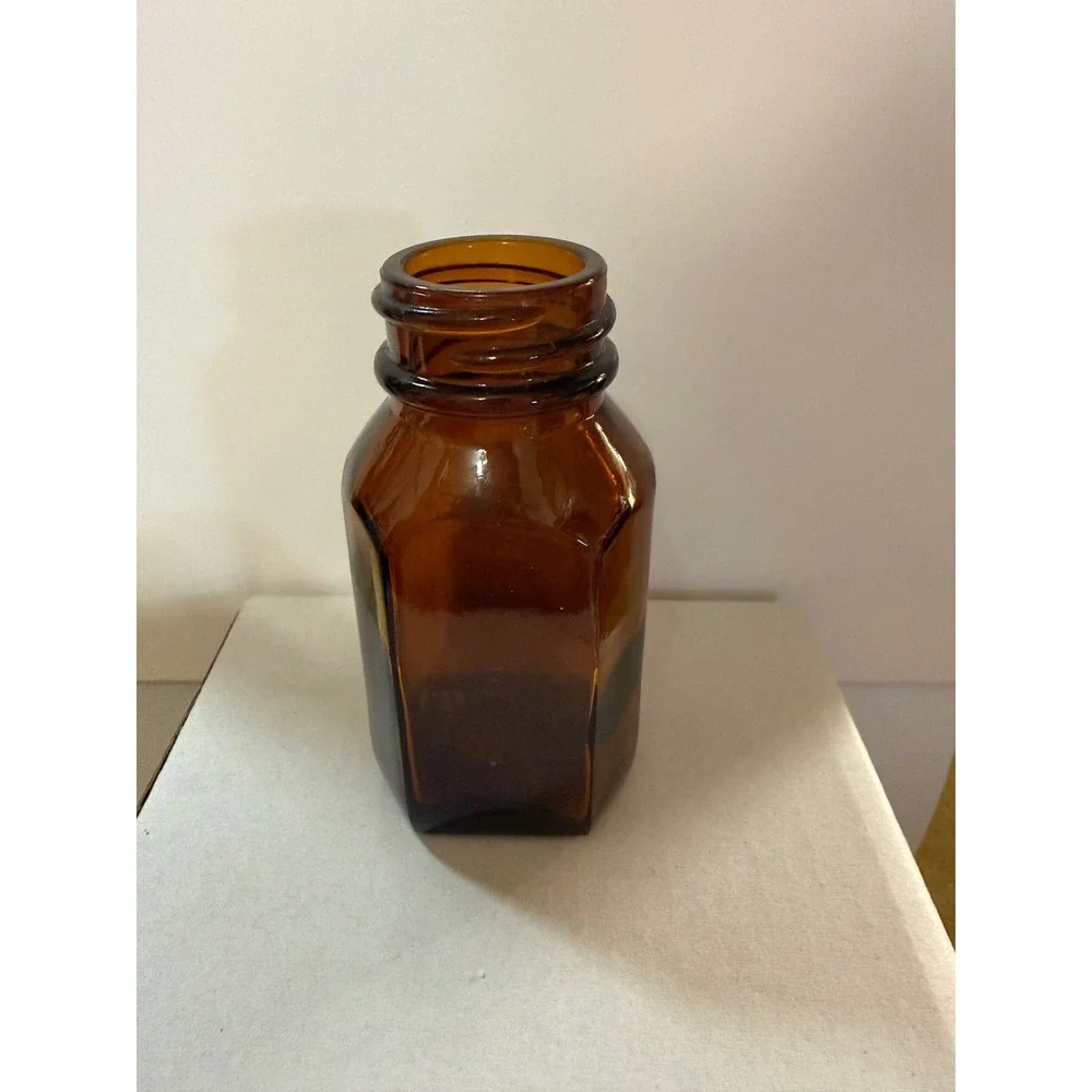 Vintage Amber Glass Apothecary Bottle Hexagonal Medicine Jar Brown 3.25 Inch